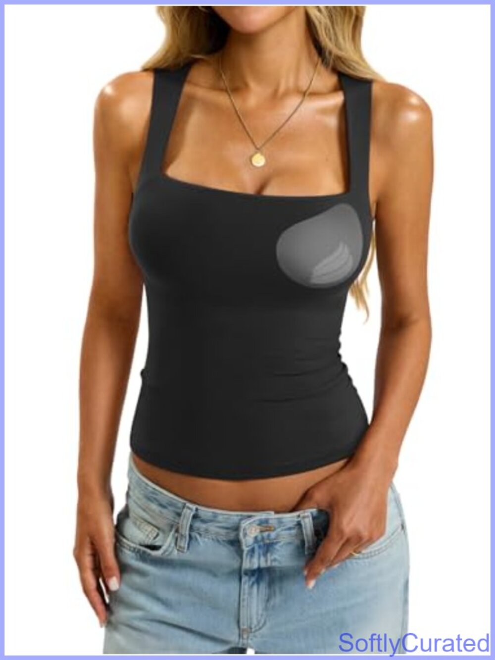 Women's Padded Tank Top Built in Bra Double Lined Square Neck Slim Fit